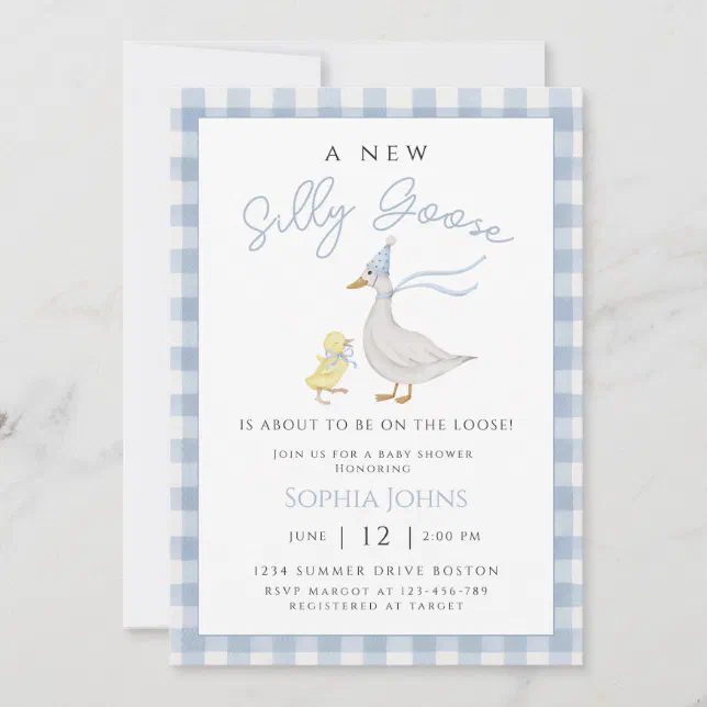 Silly Goose Blue Gingham Bow Duck Boy Baby Shower Invitation | Zazzle