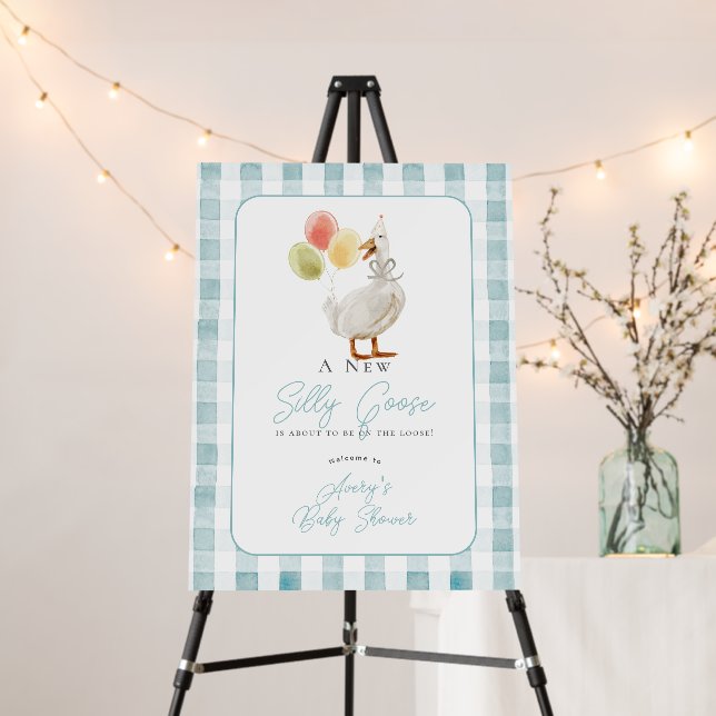 Silly Goose Blue Gingham Boy Baby Shower Welcome Foam Board (In Situ (Stand))