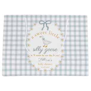 Silly Goose Blue Gingham Cottagecore Baby Shower Large Gift Bag