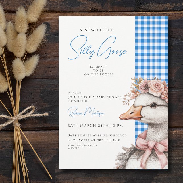 Silly Goose Blue Gingham Flower Bow Baby Shower Invitation (Creator Uploaded)