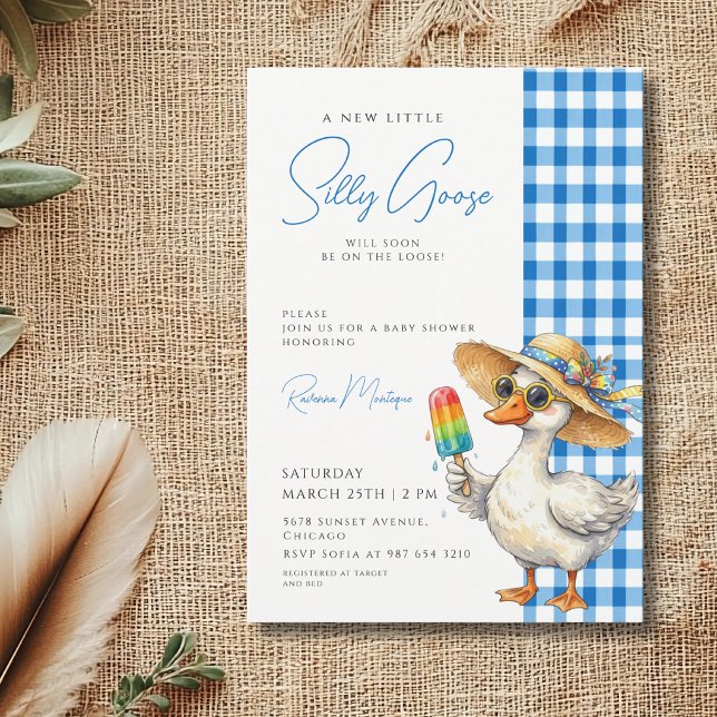 Silly Goose Blue Gingham Hat Ice Baby Shower Invitation (Creator Uploaded)