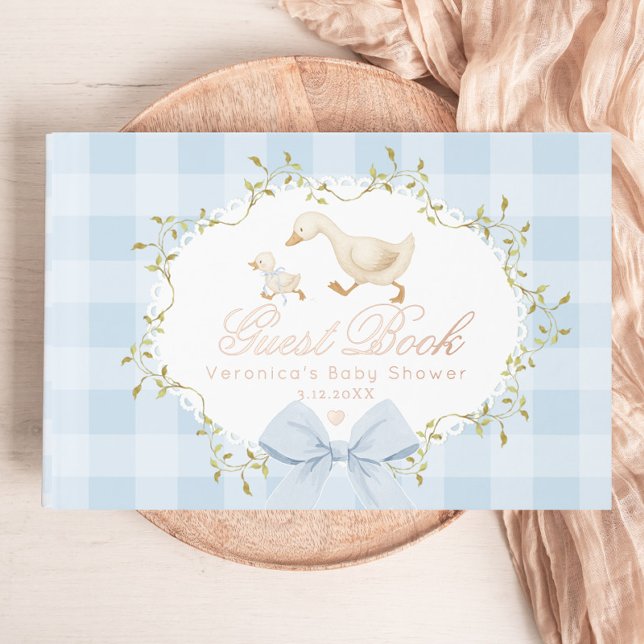 Silly Goose Blue Gingham Whimsical Baby Shower Foil Guest Book (Creator Uploaded)