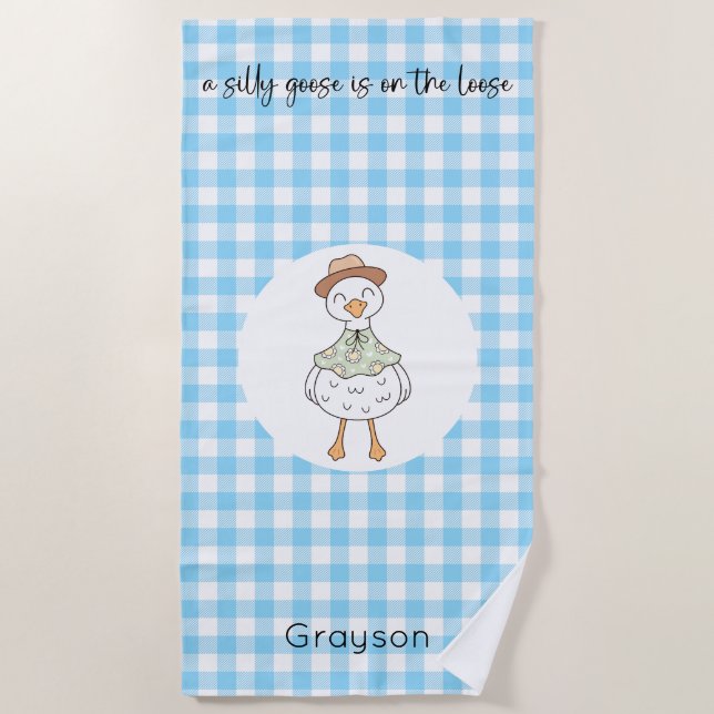 Silly Goose Blue Plaid Beach Towel (Front)