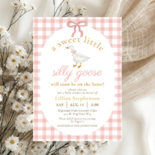 Silly Goose Blush Pink Bow Gingham Baby Shower Invitation