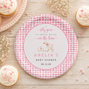 Silly Goose Blush Pink Gingham Baby Girl Shower Paper Plates