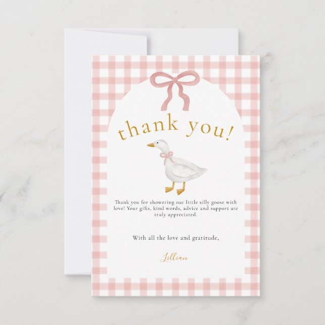 Silly Goose Blush Pink Gingham Baby Shower  Thank You Card (Front)