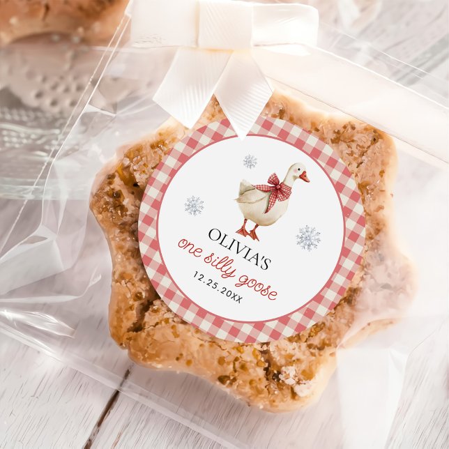 Silly Goose Christmas Gingham 1st Birthday Classic Round Sticker (Creator Uploaded)