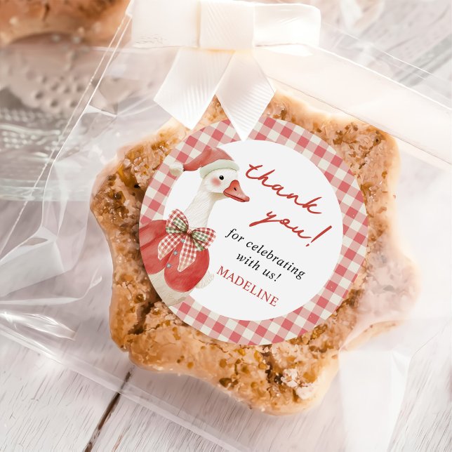 Silly Goose Christmas Gingham 1st Birthday Classic Round Sticker (Creator Uploaded)