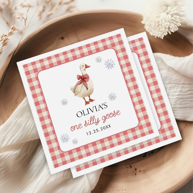 Silly Goose Christmas Gingham 1st Birthday Napkins (Creator Uploaded)