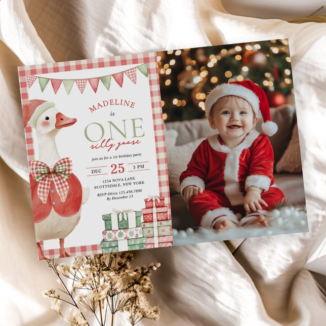 Silly Goose Christmas Gingham 1st Birthday Photo Invitation (Creator Uploaded)