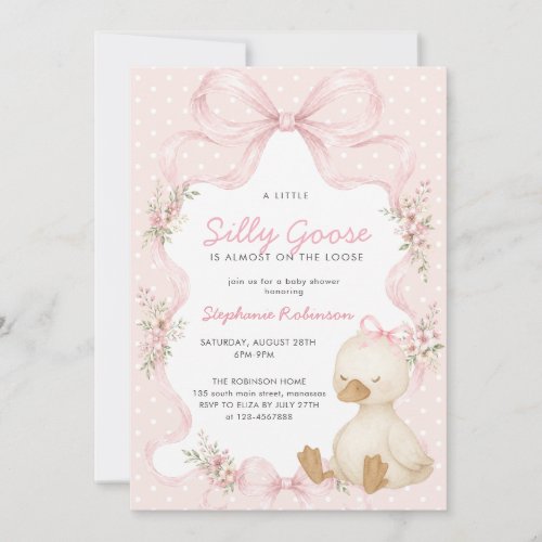Silly Goose Coquette Pink Bow Dots Baby Shower Invitation