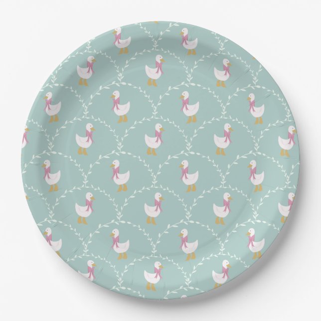 Silly Goose Cute Duck Pattern Blue Kids Party Paper Plates (Front)