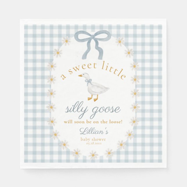 Silly Goose Daisy Blue Bow Gingham Baby Shower Napkins (Front)
