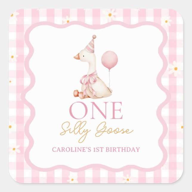 Silly Goose Daisy Gingham 1st Birthday Sticker (Front)