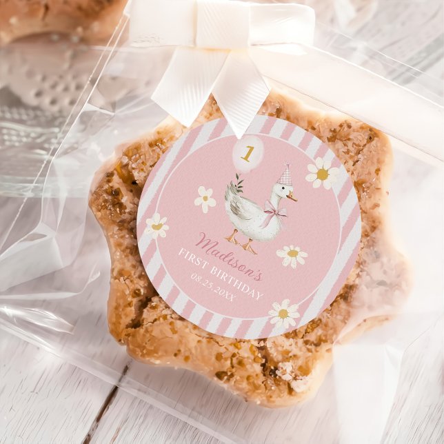 Silly Goose Daisy Girl 1st Birthday Party Classic Round Sticker (Creator Uploaded)