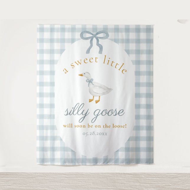 Silly Goose Duck Blue Gingham Baby Shower Backdrop (Front)