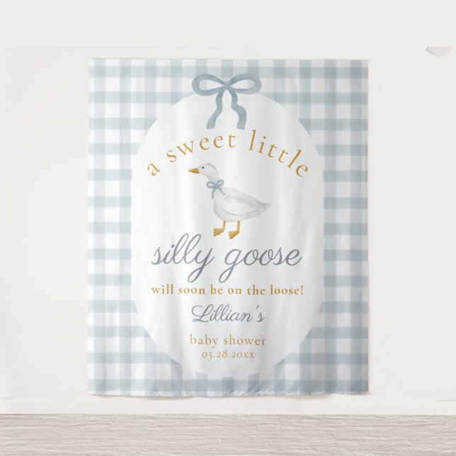 Silly Goose Duck Blue Gingham Baby Shower Backdrop (Front)