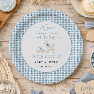 Silly Goose Dusty Blue Gingham Baby Boy Shower Paper Plates
