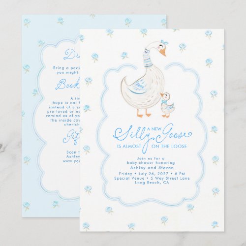 Silly Goose Elegant Blue Baby Shower All In One Invitation
