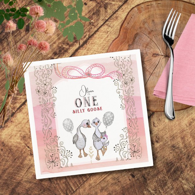 Silly Goose Family Pink & Bow 1st Birthday  Napkins (Silly Goose Family Pink & Bow 1st Birthday Napkins)
