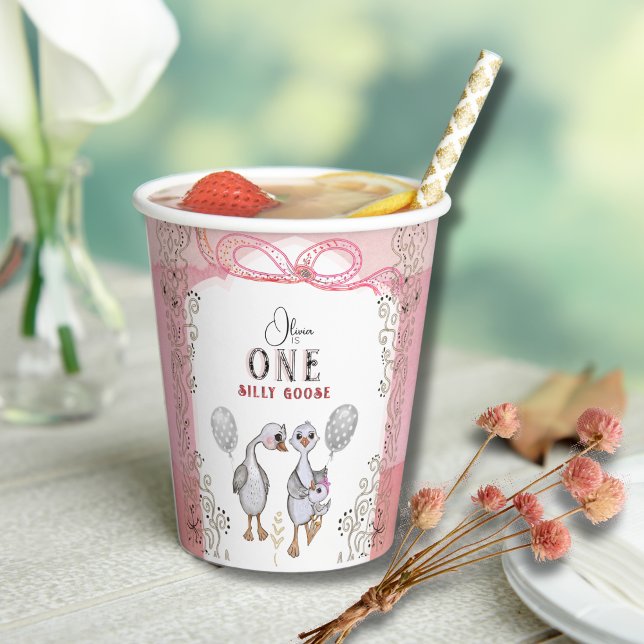 Silly Goose Family Pink & Bow 1st Birthday  Paper Cups (Silly Goose Family Pink & Bow 1st Birthday Paper Cups)