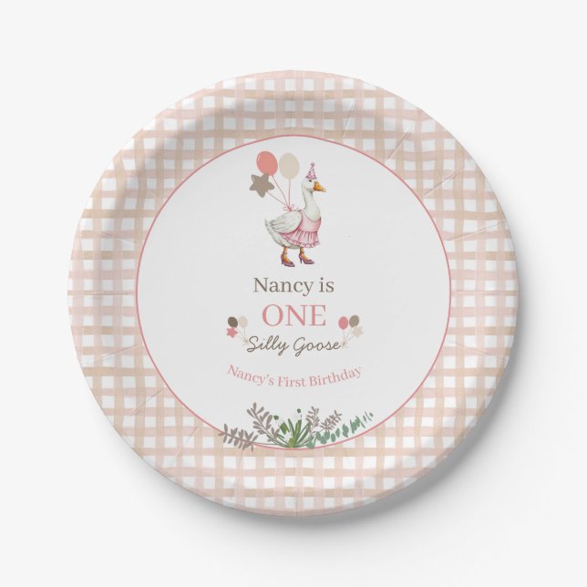 Silly Goose First Birthday Brown Paper Plates (Front)