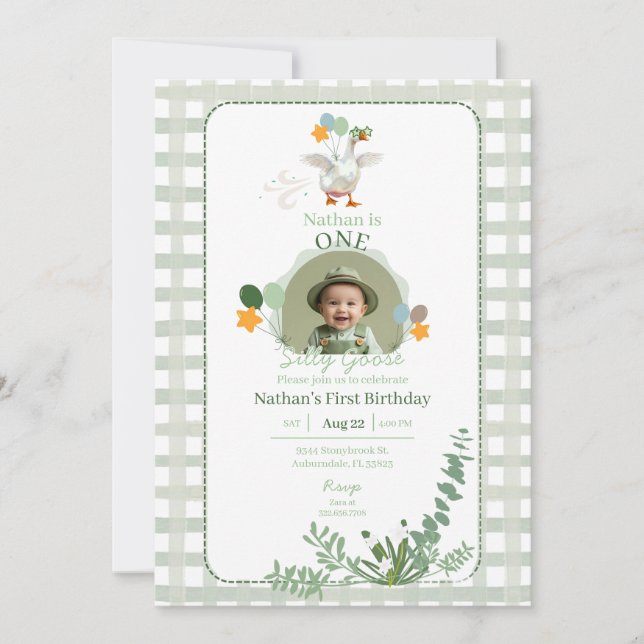 Silly Goose First Birthday Green Photo Invitation  (Front)