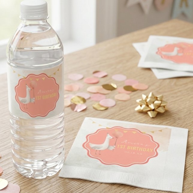 Silly Goose First Birthday Water Bottle Label Napkins (Creator Uploaded)