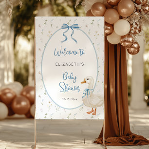 Silly Goose Floral Blue Bow Baby Shower Welcome Banner