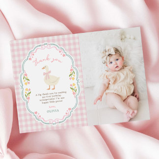 Silly Goose Floral Gingham Birthday Photo Thank You Card