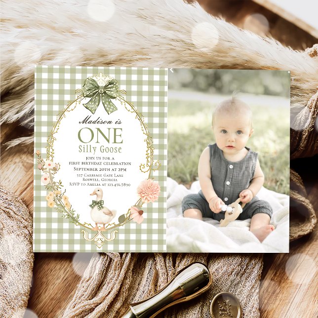Silly Goose Floral Green Gingham 1st Birthday Invitation (Creator Uploaded)