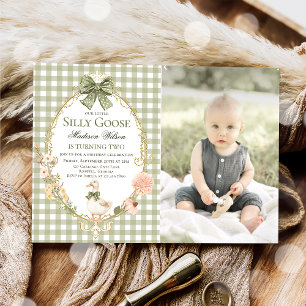 Silly Goose Floral Green Gingham Birthday Photo Invitation