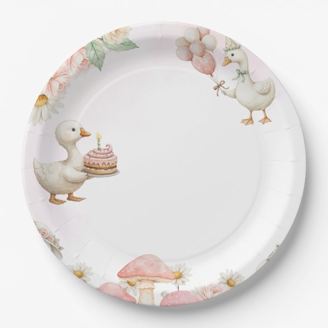 Silly Goose Flower Garden Mushroom 1st Birthday Paper Plates (Front)