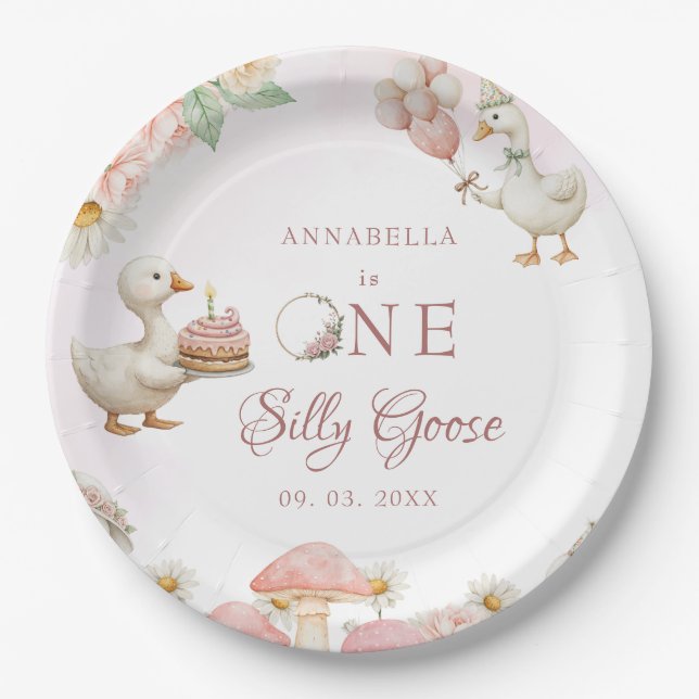 Silly Goose Flower Garden Mushroom 1st Birthday Paper Plates (Front)