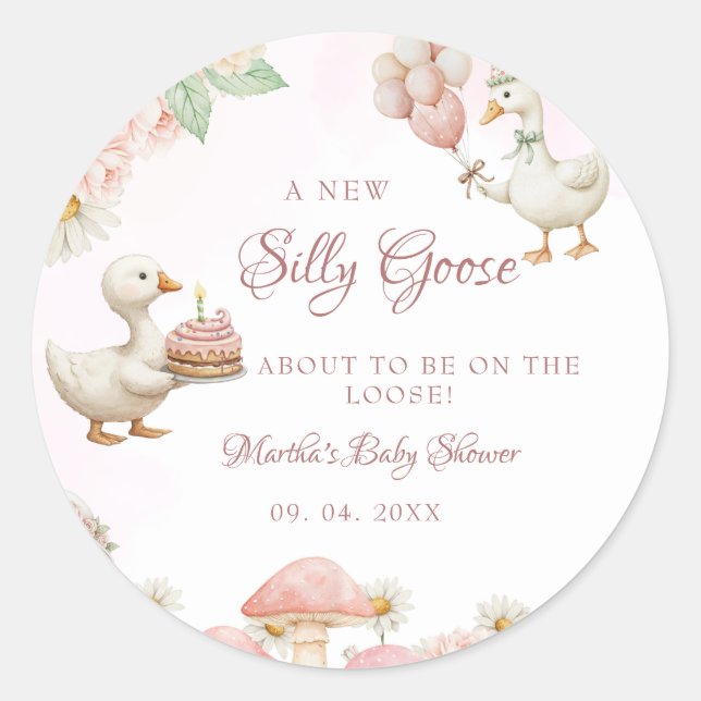 Silly Goose Flower Garden Mushroom Baby Shower Classic Round Sticker (Front)