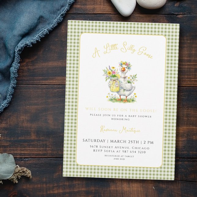Silly Goose Flower Green Boho Gingham Baby Shower Invitation (Creator Uploaded)