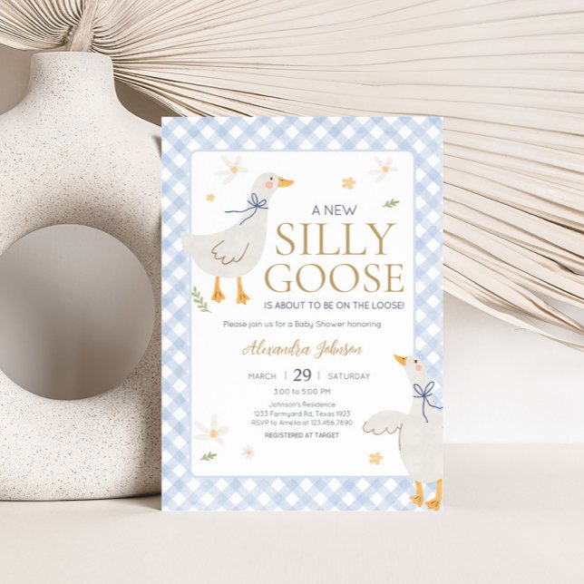 Silly Goose Gingham Baby Shower Invitation (Blue Gingham Silly Goose Baby Shower Invitation)
