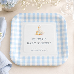 Silly Goose Gingham Blue Boy Baby Shower Party Paper Plates