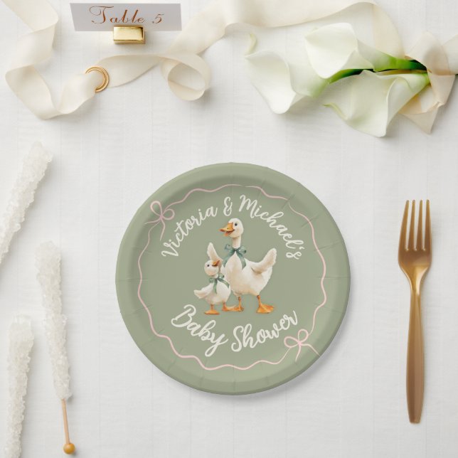 Silly Goose Gingham Bow Baby Shower Paper Plates (Wedding)
