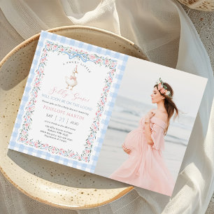 Silly Goose Gingham Duck Gender Neutra Photoo Invitation