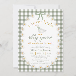 Silly Goose Green Bow Daisy Gingham Baby Shower Invitation