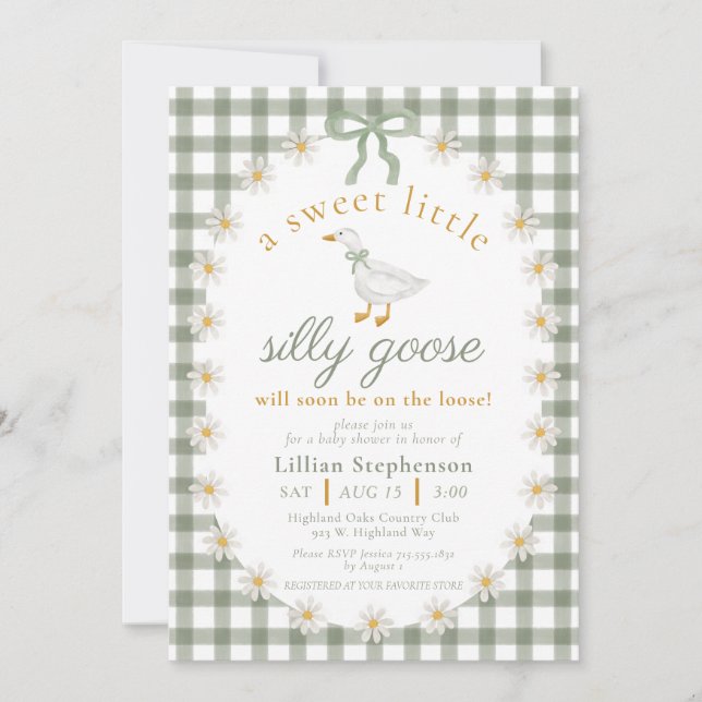 Silly Goose Green Bow Daisy Gingham Baby Shower Invitation (Front)