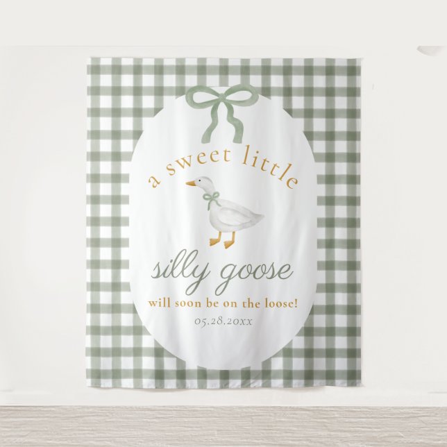 Silly Goose Green Gingham Baby Shower Backdrop (Front)