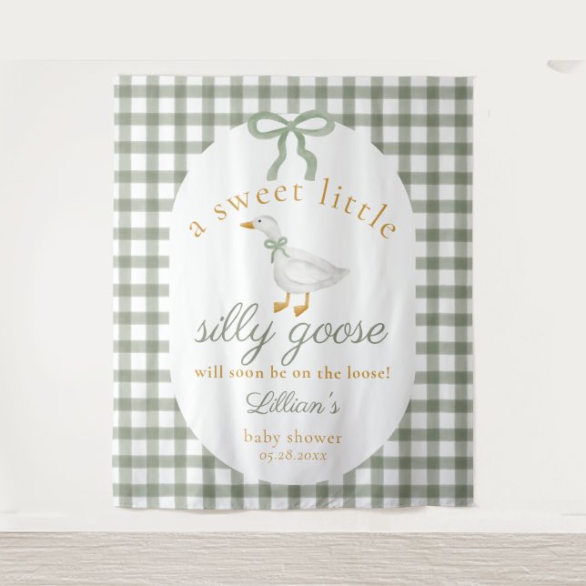 Silly Goose Green Gingham Baby Shower Backdrop (Front)