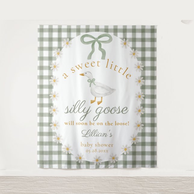 Silly Goose Green Gingham Baby Shower Backdrop (Front)