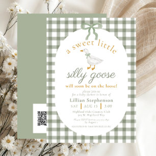 Silly Goose Green Gingham Baby Shower QR Code Invitation