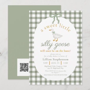 Silly Goose Green Gingham Baby Shower QR Code Invitation