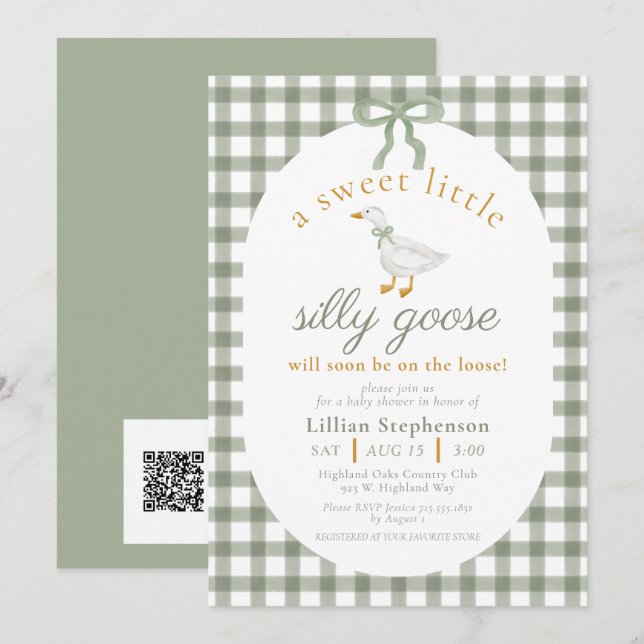 Silly Goose Green Gingham Baby Shower QR Code Invitation (Front/Back)