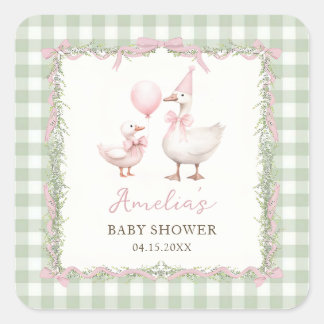 Silly Goose Green Gingham Baby Shower Sticker