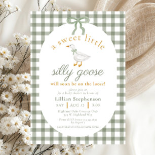 Silly Goose Green Gingham Bow Neutral Baby Shower Invitation